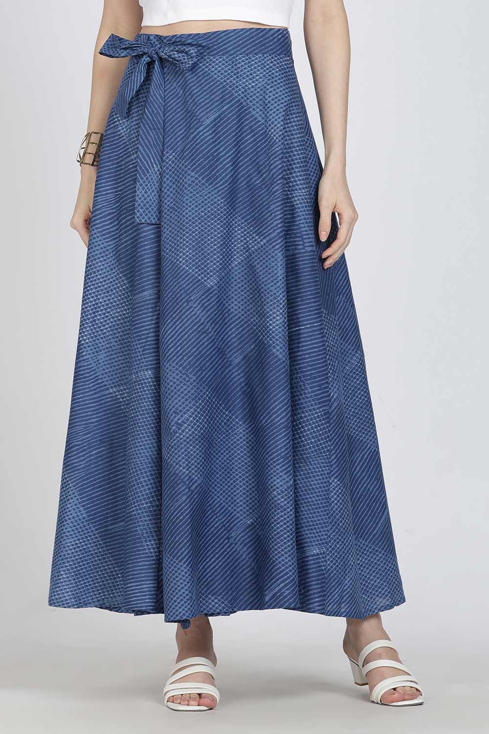 Mythri Women’s Cotton Blend Geometric Printed Wrap Skirt | Tie-Up Closure, Everyday Wear - Blue -1 - SK07