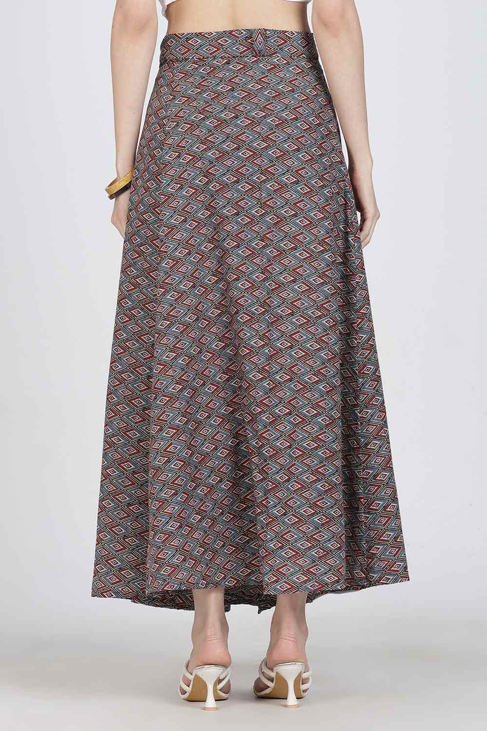 Mythri Women’s Cotton Blend Geometric Printed Wrap Skirt | Tie-Up Closure, Everyday Wear - Red -1 - SK07