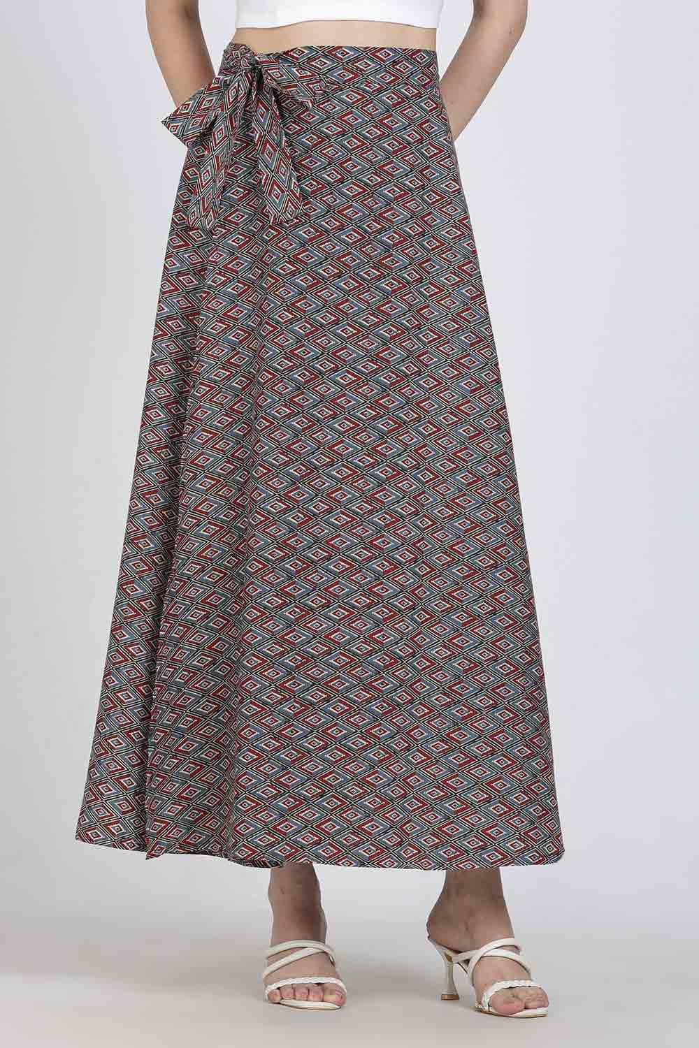 Mythri Women’s Cotton Blend Geometric Printed Wrap Skirt | Tie-Up Closure, Everyday Wear - Red -1 - SK07