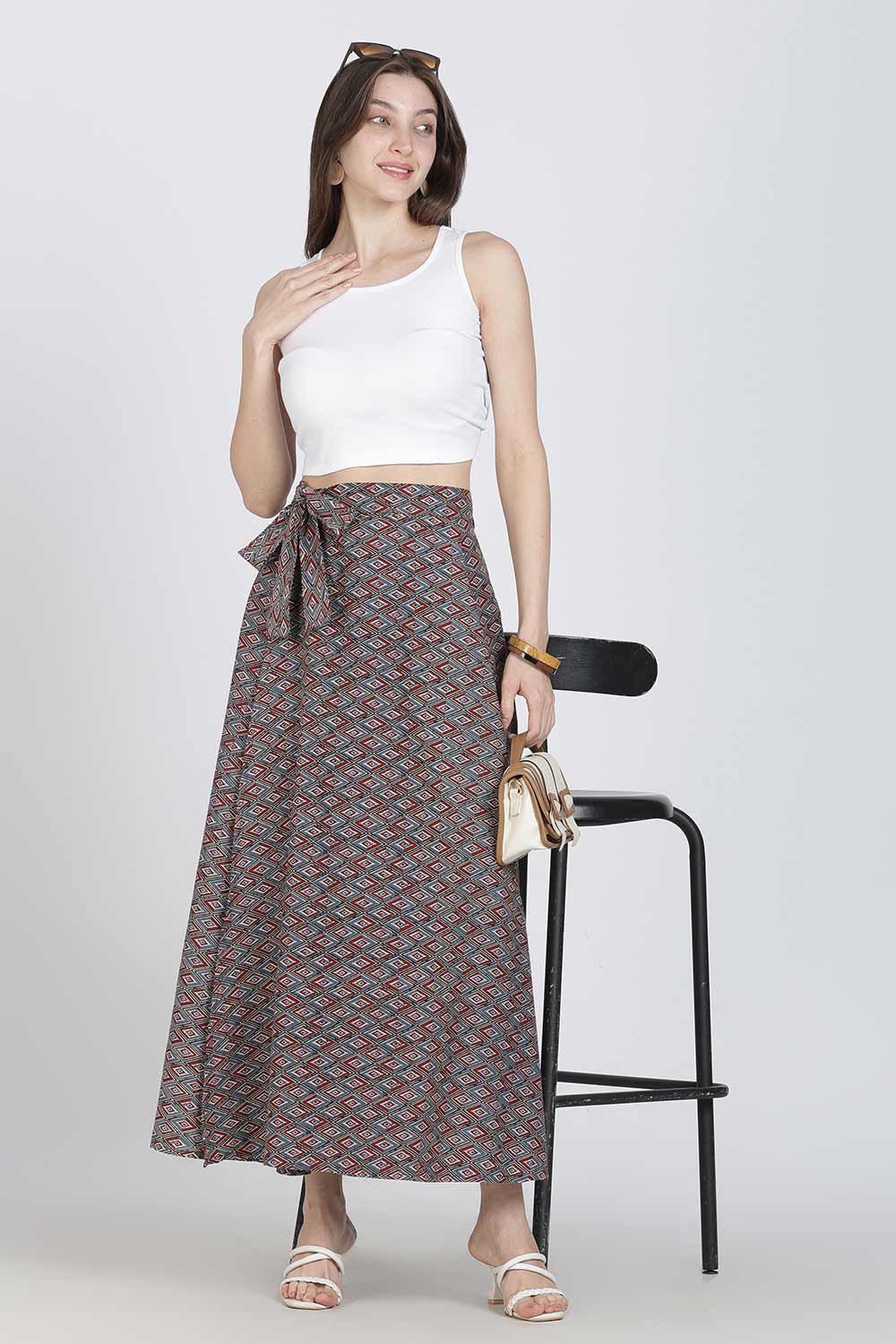 Mythri Women’s Cotton Blend Geometric Printed Wrap Skirt | Tie-Up Closure, Everyday Wear - Red -1 - SK07