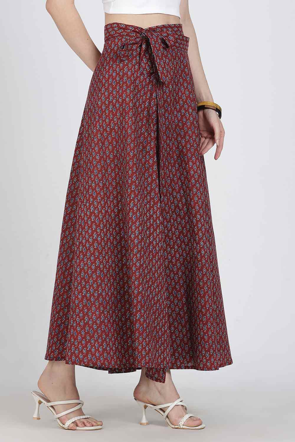 Mythri Women’s Cotton Blend Geometric Printed Wrap Skirt | Tie-Up Closure, Everyday Wear - Red -2 - SK07