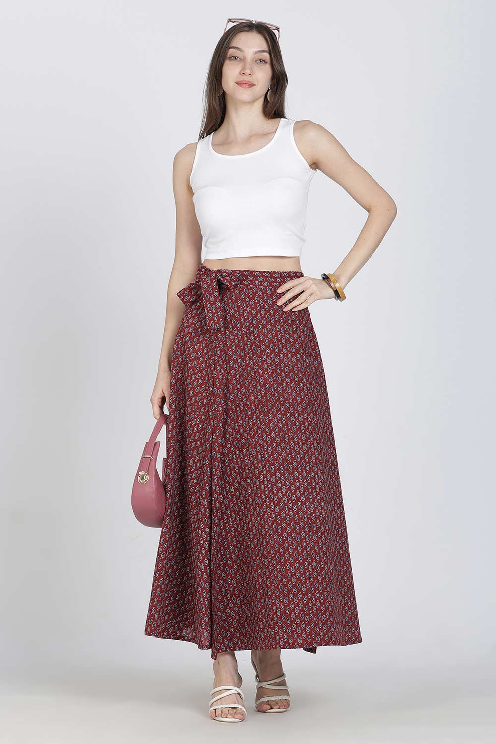 Mythri Women’s Cotton Blend Geometric Printed Wrap Skirt | Tie-Up Closure, Everyday Wear - Red -2 - SK07