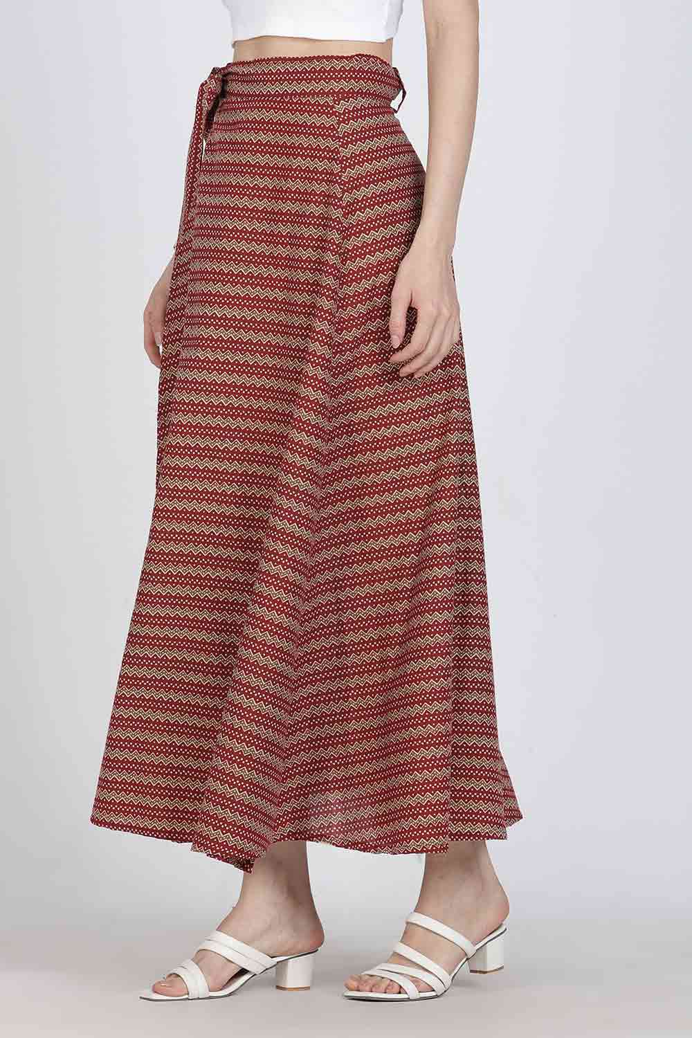 Mythri Women’s Cotton Blend Geometric Printed Wrap Skirt | Tie-Up Closure, Everyday Wear - Red -3 - SK07