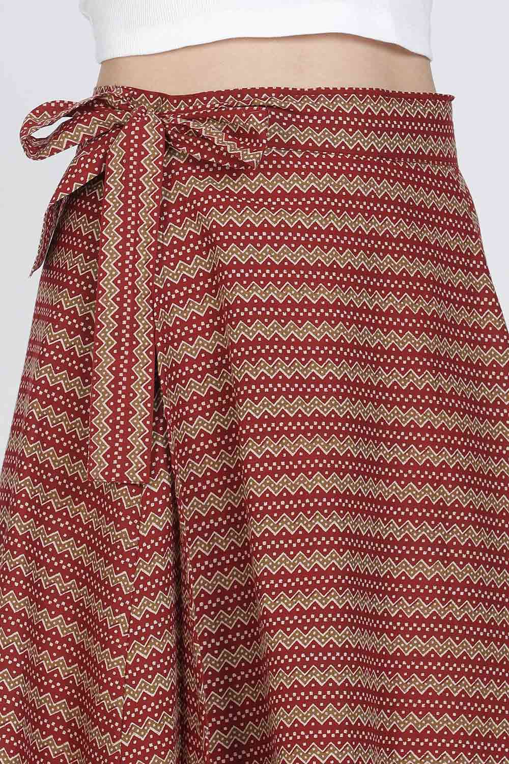 Mythri Women’s Cotton Blend Geometric Printed Wrap Skirt | Tie-Up Closure, Everyday Wear - Red -3 - SK07