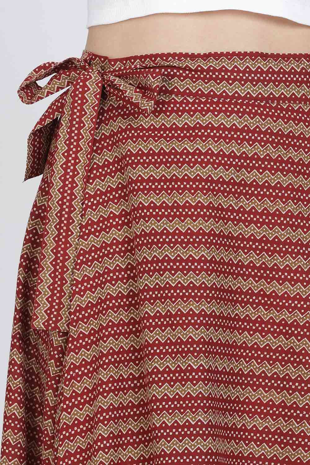 Mythri Women’s Cotton Blend Geometric Printed Wrap Skirt | Tie-Up Closure, Everyday Wear - Red -3 - SK07