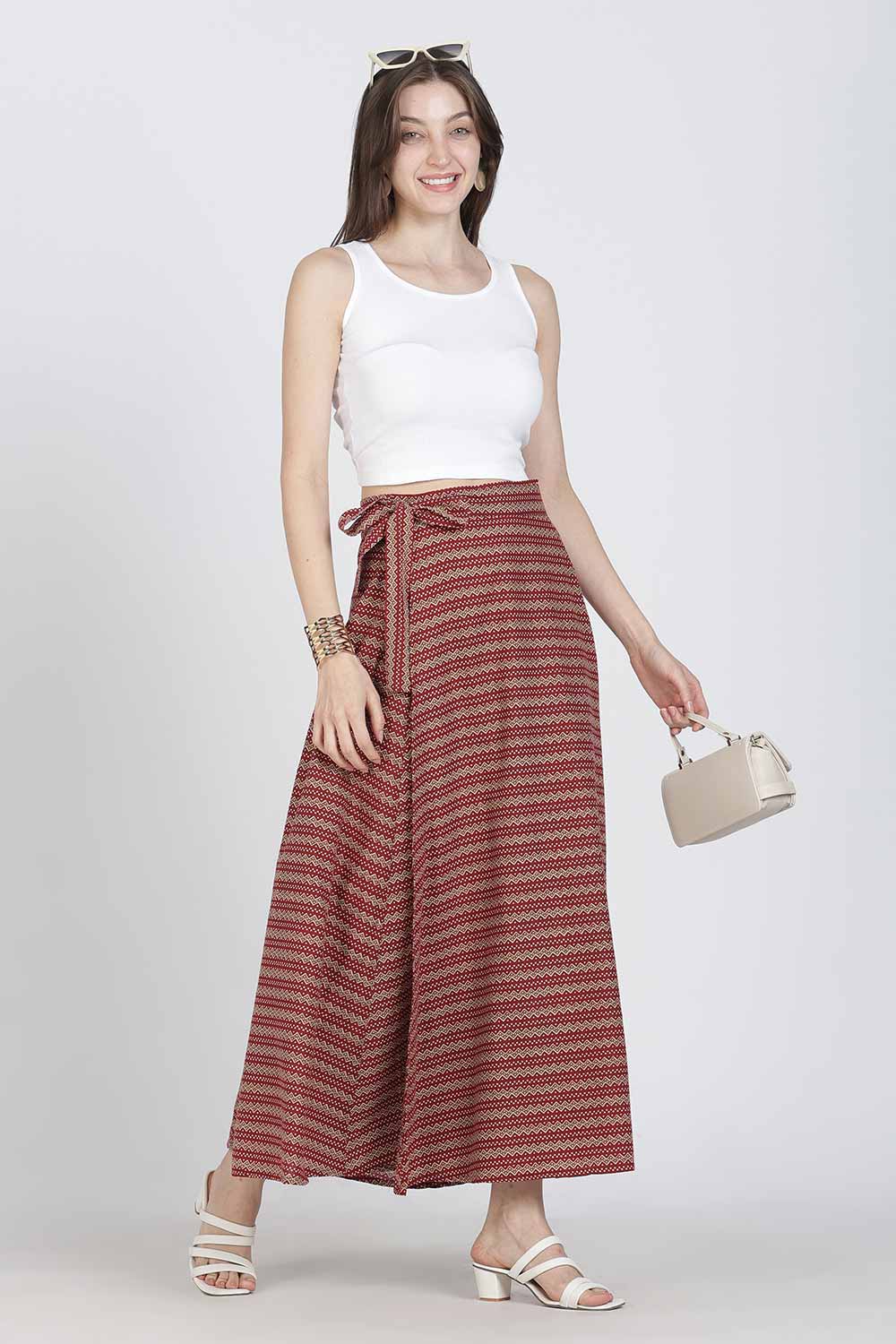 Mythri Women’s Cotton Blend Geometric Printed Wrap Skirt | Tie-Up Closure, Everyday Wear - Red -3 - SK07