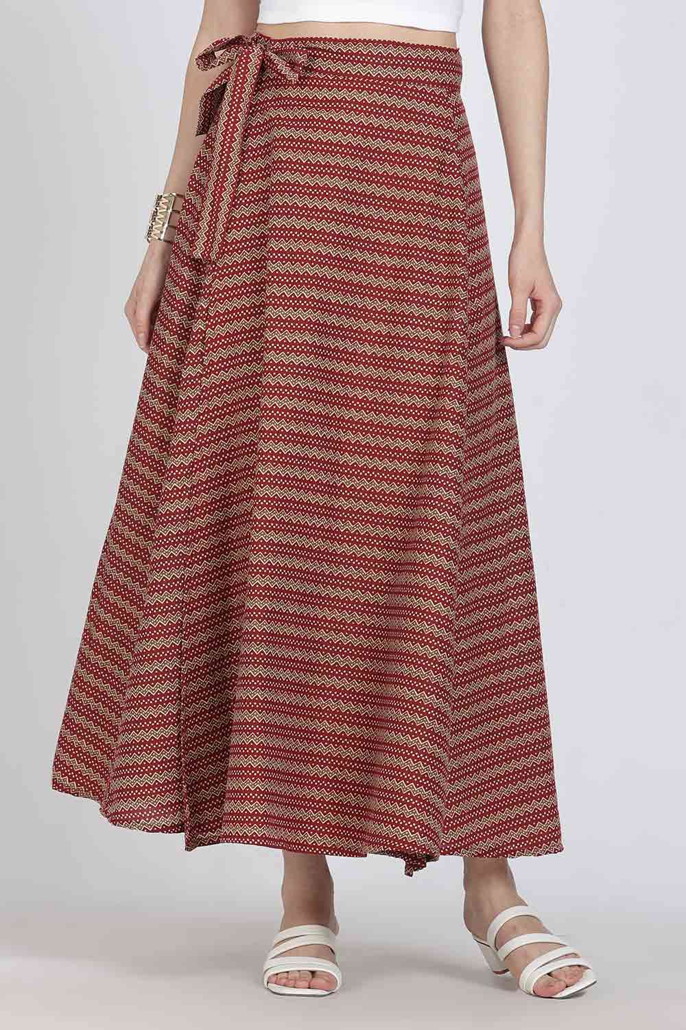 Mythri Women’s Cotton Blend Geometric Printed Wrap Skirt | Tie-Up Closure, Everyday Wear - Red -3 - SK07