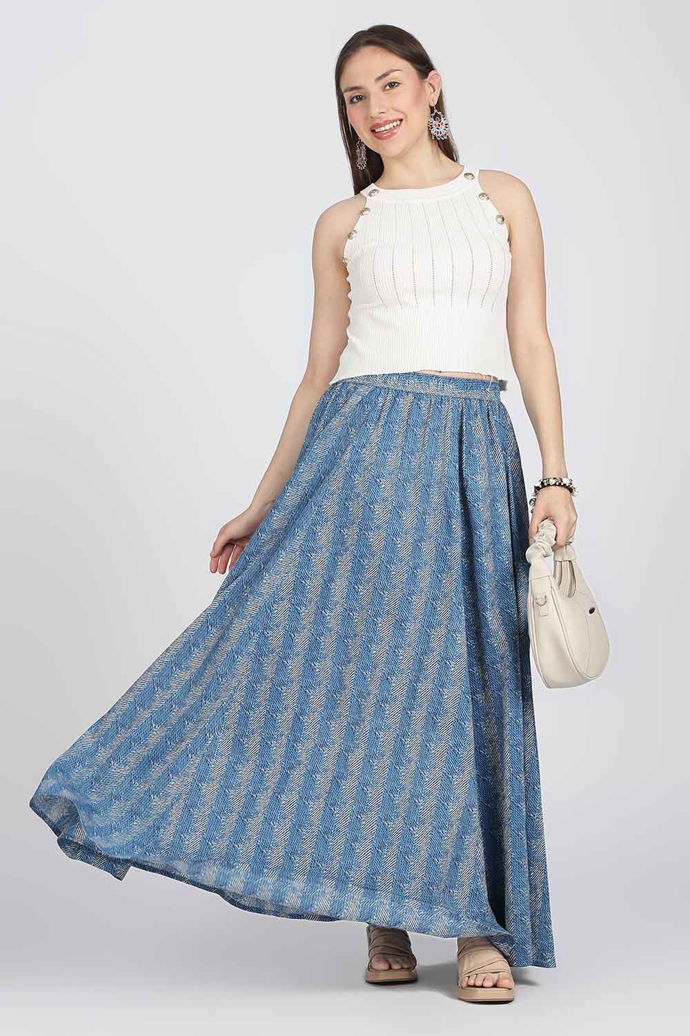 Mythri Women’s Cotton Blend Jaipur Print Skirt | Free Size Woven Full Skirt for Everyday Wear - Blue - SK05