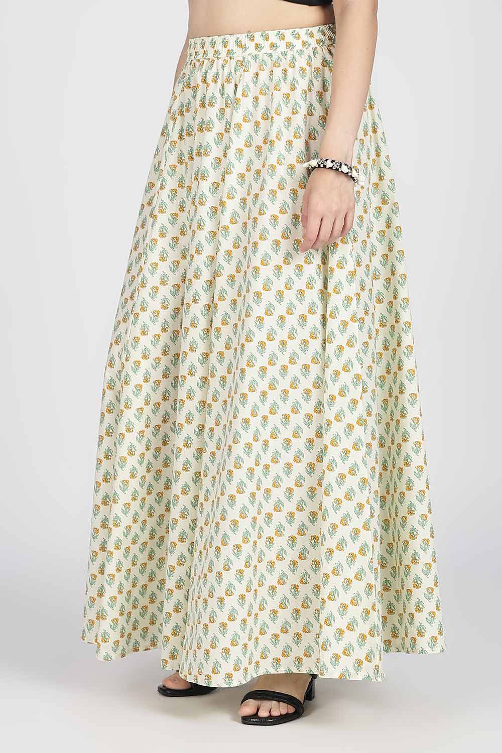 Mythri Women’s Cotton Blend Jaipur Print Skirt | Free Size Woven Full Skirt for Everyday Wear - Yellow - SK05
