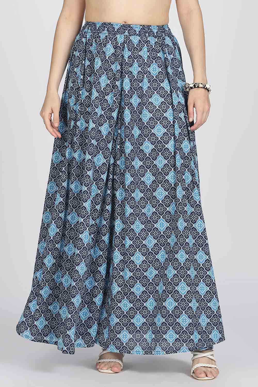 Mythri Women’s Cotton Blend Jaipur Print Skirt | Free Size Woven Full Skirt for Everyday Wear - Navy Blue - SK05