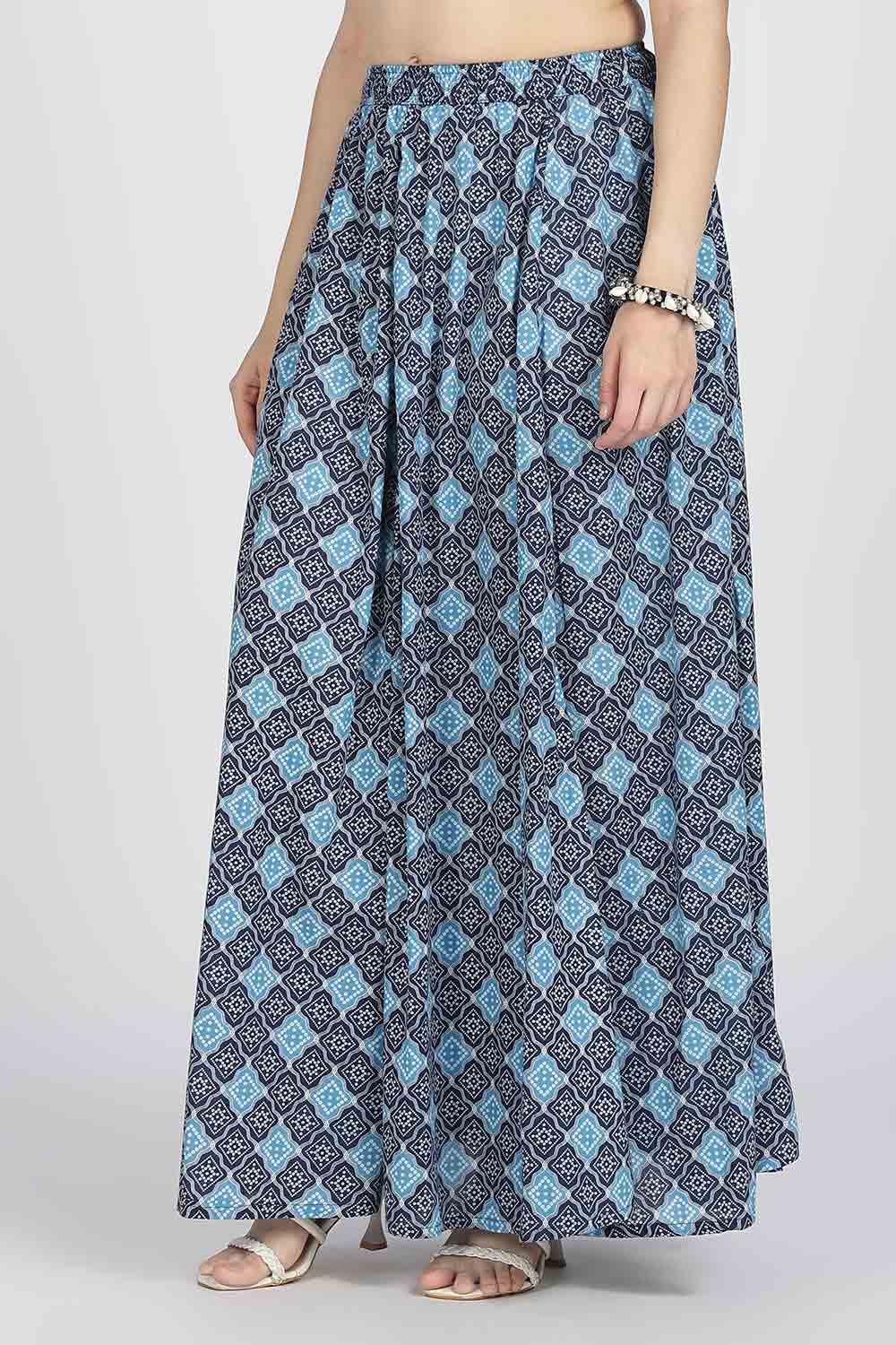 Mythri Women’s Cotton Blend Jaipur Print Skirt | Free Size Woven Full Skirt for Everyday Wear - Navy Blue - SK05