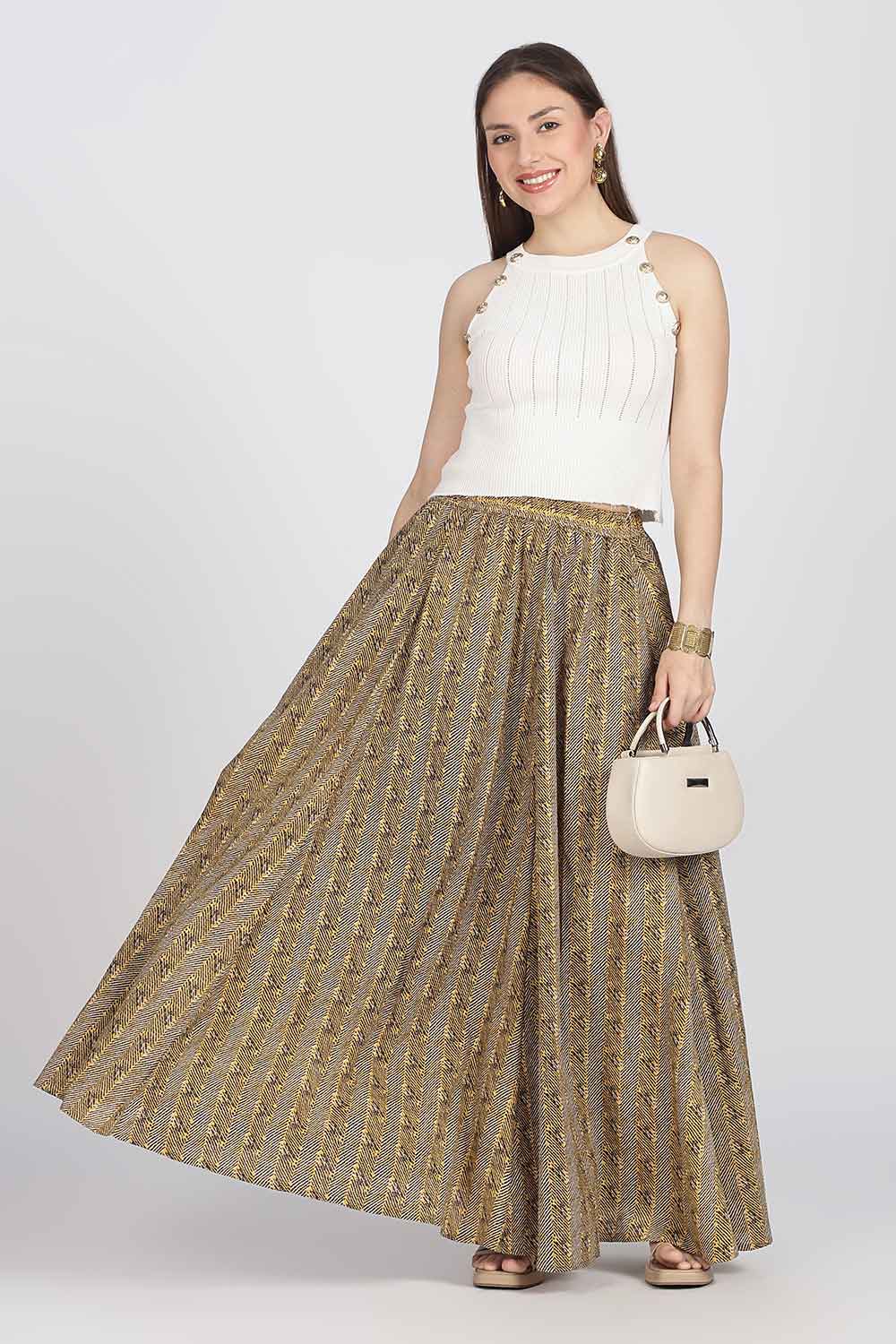 Mythri Women’s Cotton Blend Jaipur Print Skirt | Free Size Woven Full Skirt for Everyday Wear - Mustard - SK05