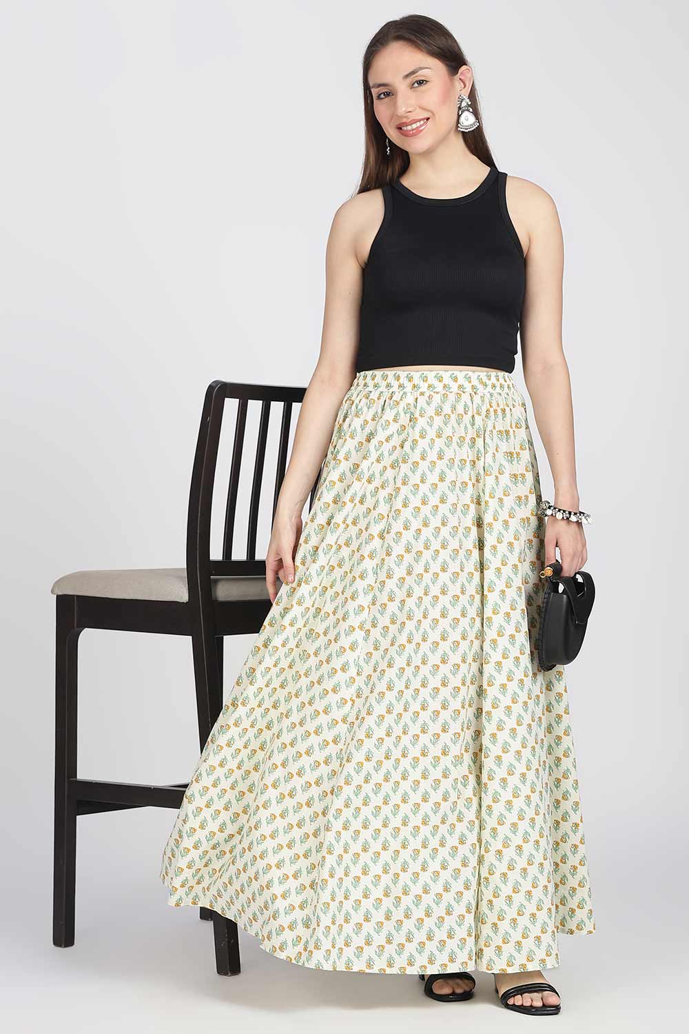 Mythri Women’s Cotton Blend Jaipur Print Skirt | Free Size Woven Full Skirt for Everyday Wear - Yellow - SK05