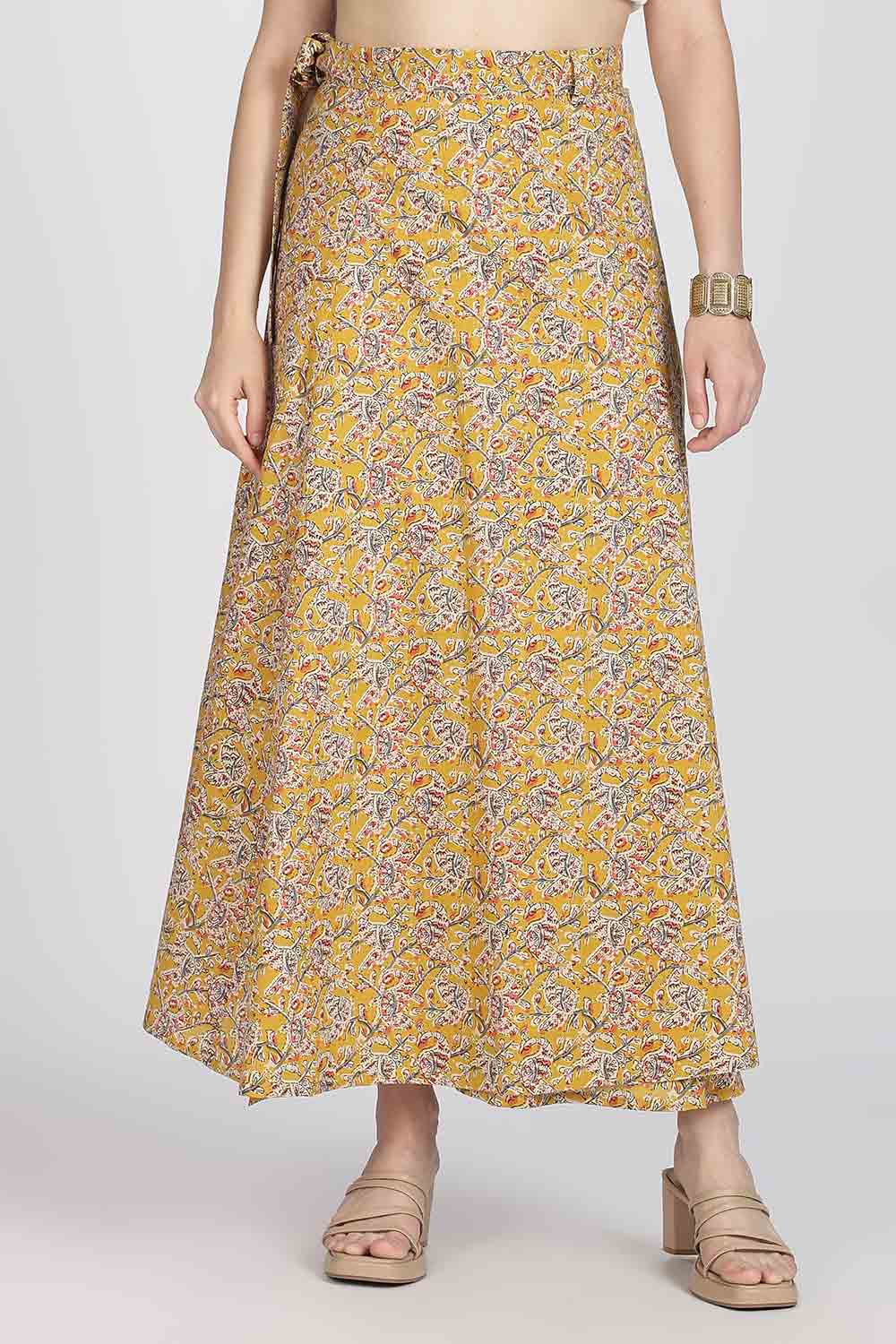 Mythri Women’s Cotton Blend Wrap Skirt with Tie Up Skirt | Free Size Regular Fit Woven Skirt for Daily Wear - Yellow - SK07