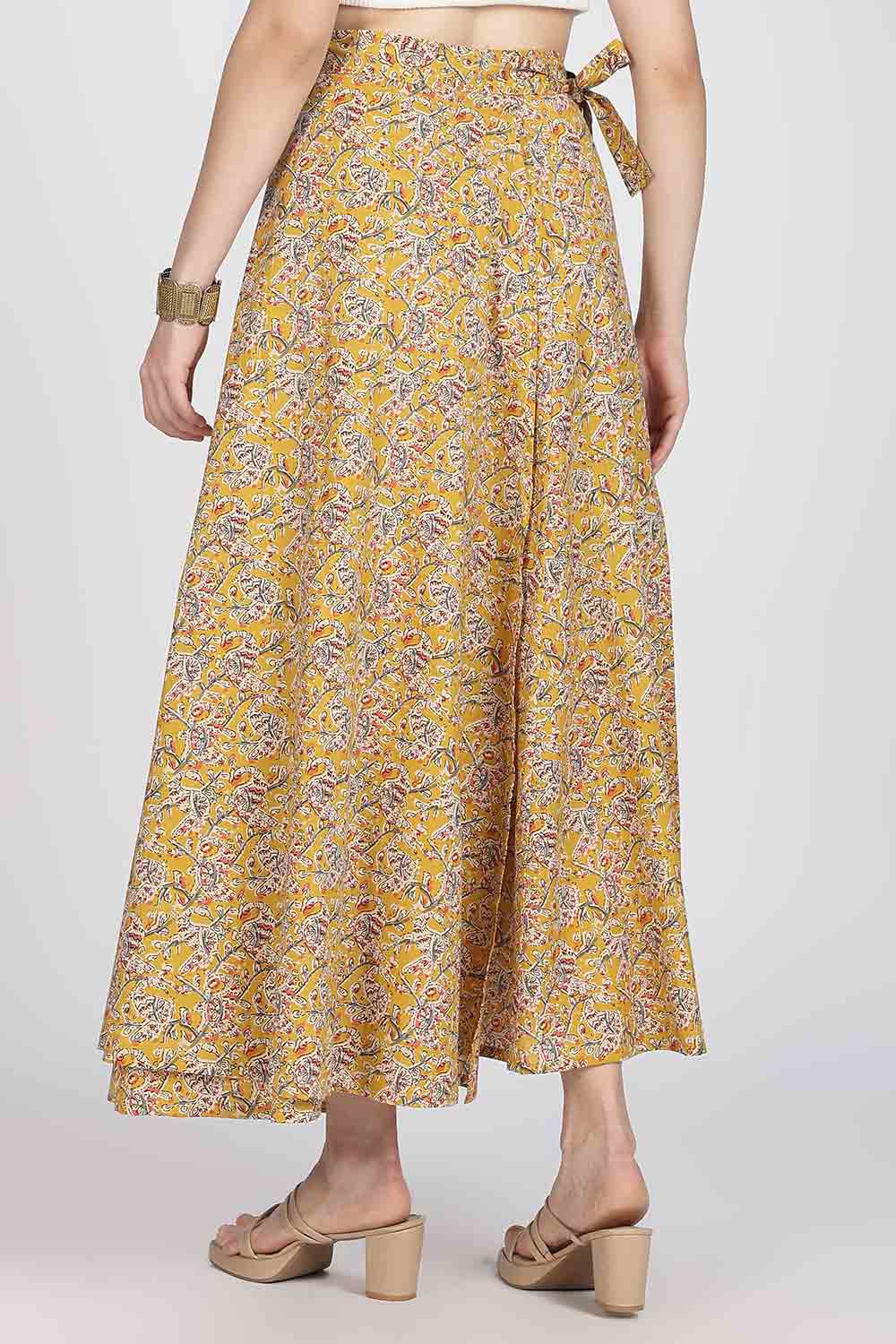 Mythri Women’s Cotton Blend Wrap Skirt with Tie Up Skirt | Free Size Regular Fit Woven Skirt for Daily Wear - Yellow - SK07