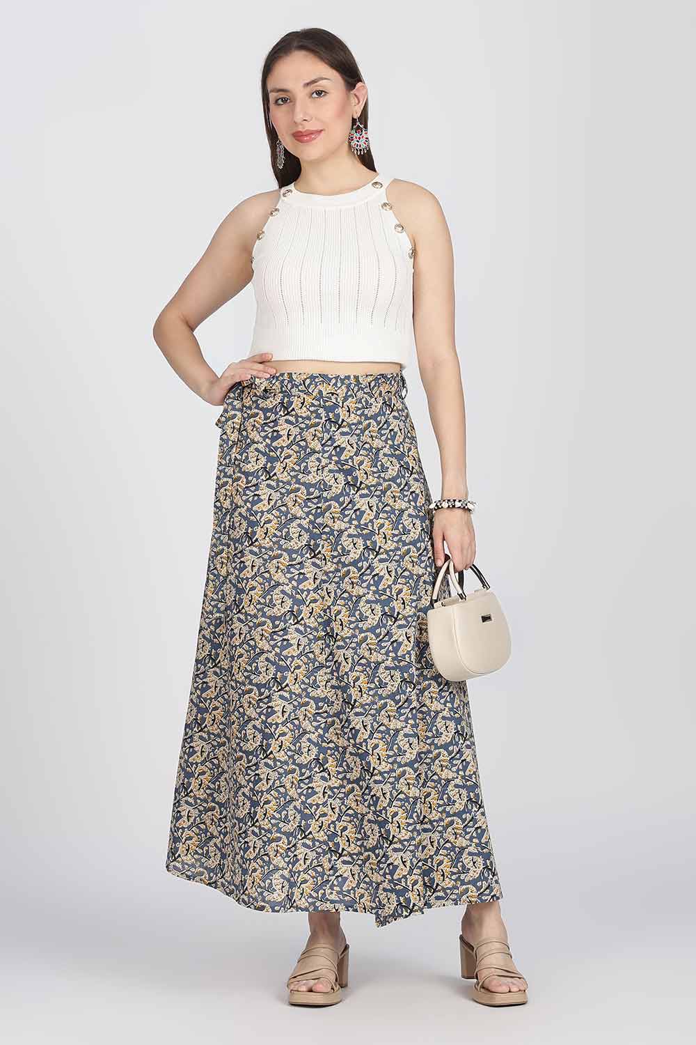 Mythri Women’s Cotton Blend Wrap Skirt with Tie Up Skirt | Free Size Regular Fit Woven Skirt for Daily Wear - Navy Blue - SK07