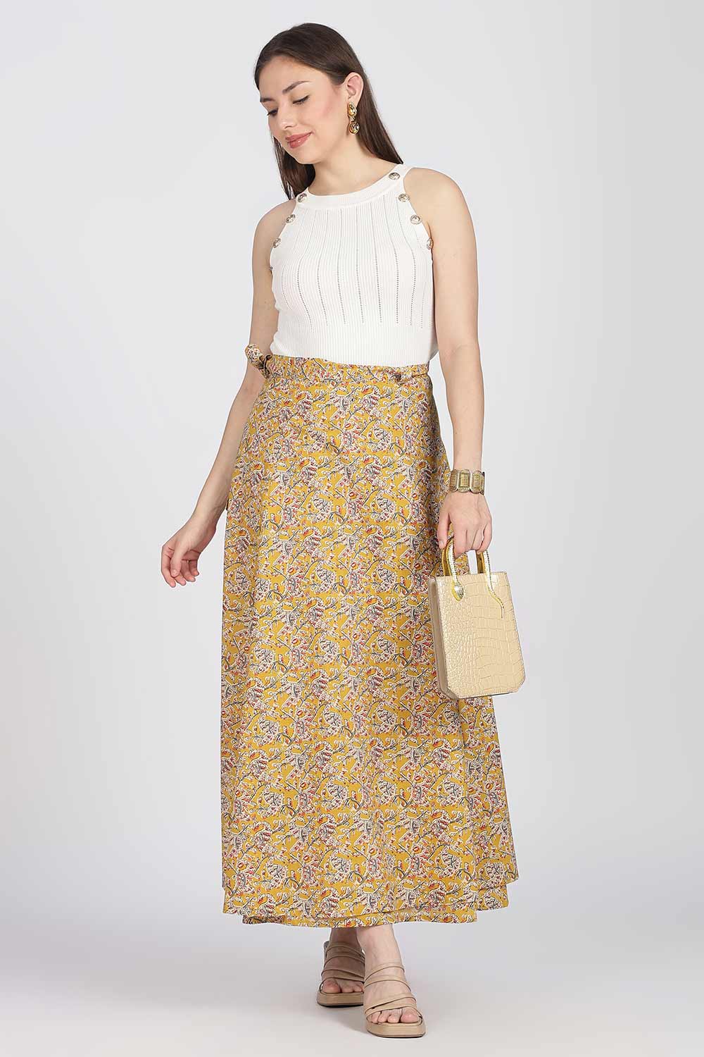 Mythri Women’s Cotton Blend Wrap Skirt with Tie Up Skirt | Free Size Regular Fit Woven Skirt for Daily Wear - Yellow - SK07