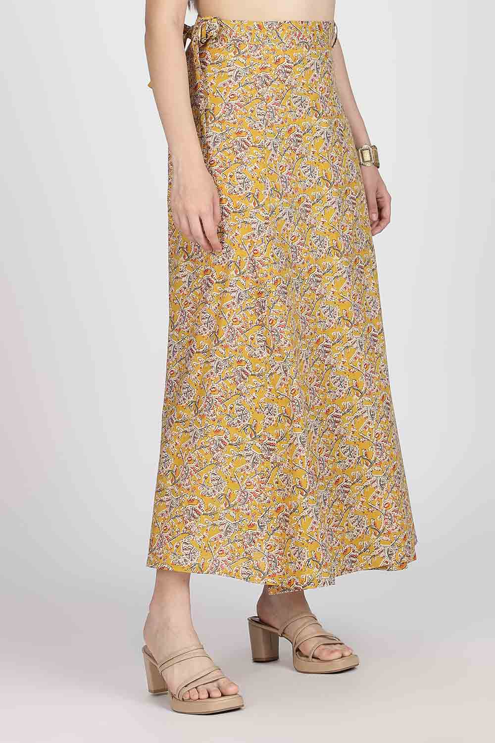 Mythri Women’s Cotton Blend Wrap Skirt with Tie Up Skirt | Free Size Regular Fit Woven Skirt for Daily Wear - Yellow - SK07
