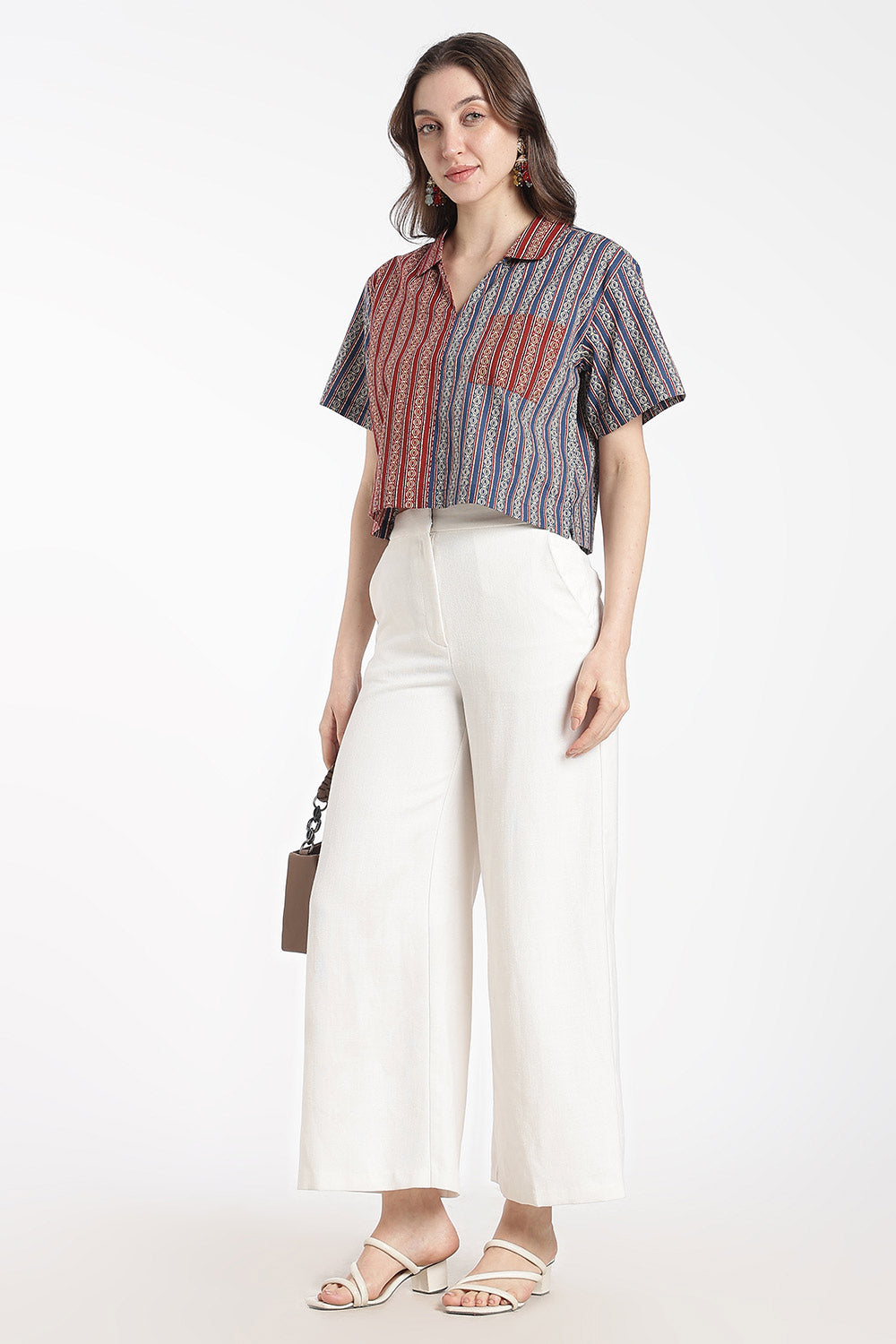 Mythri Women’s Cotton Cropped Shirt – Boxy Fit Printed Casual Crop Shirt with Drop Shoulder & V-Notch Collar | Summer Cotton Top for Women - TO34