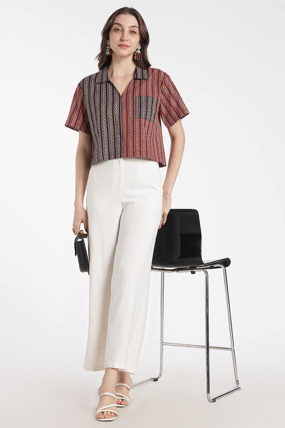 Mythri Women’s Cotton Cropped Shirt – Boxy Fit Printed Casual Crop Shirt with Drop Shoulder & V-Notch Collar | Summer Cotton Top for Women - TO34