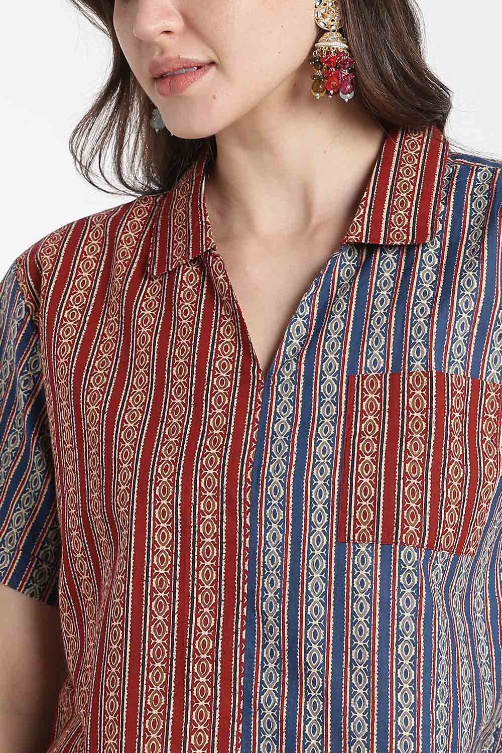 Mythri Women’s Cotton Cropped Shirt – Boxy Fit Printed Casual Crop Shirt with Drop Shoulder & V-Notch Collar | Summer Cotton Top for Women - TO34