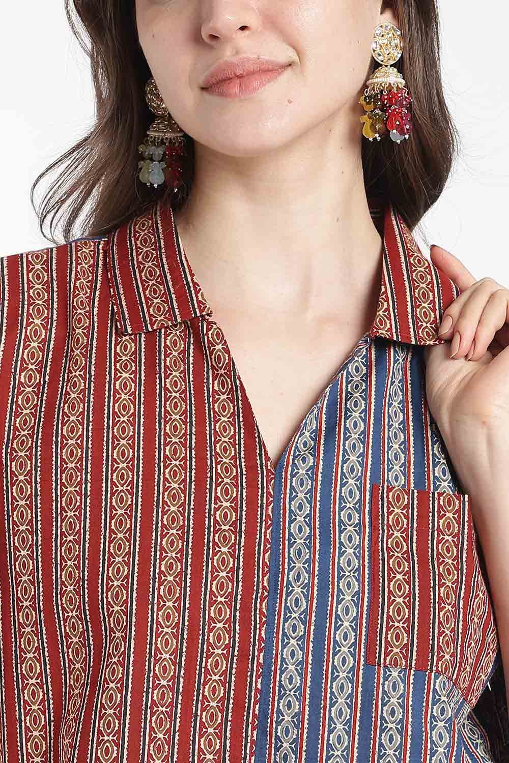 Mythri Women’s Cotton Cropped Shirt – Boxy Fit Printed Casual Crop Shirt with Drop Shoulder & V-Notch Collar | Summer Cotton Top for Women - TO34