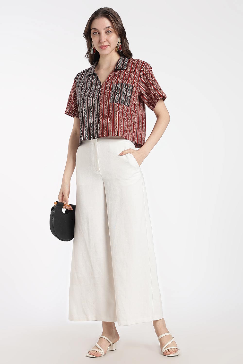 Mythri Women’s Cotton Cropped Shirt – Boxy Fit Printed Casual Crop Shirt with Drop Shoulder & V-Notch Collar | Summer Cotton Top for Women - TO34