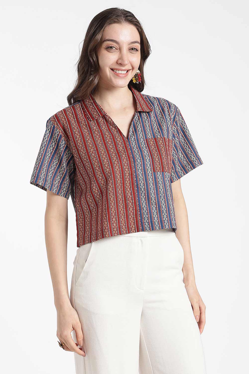 Mythri Women’s Cotton Cropped Shirt – Boxy Fit Printed Casual Crop Shirt with Drop Shoulder & V-Notch Collar | Summer Cotton Top for Women - TO34