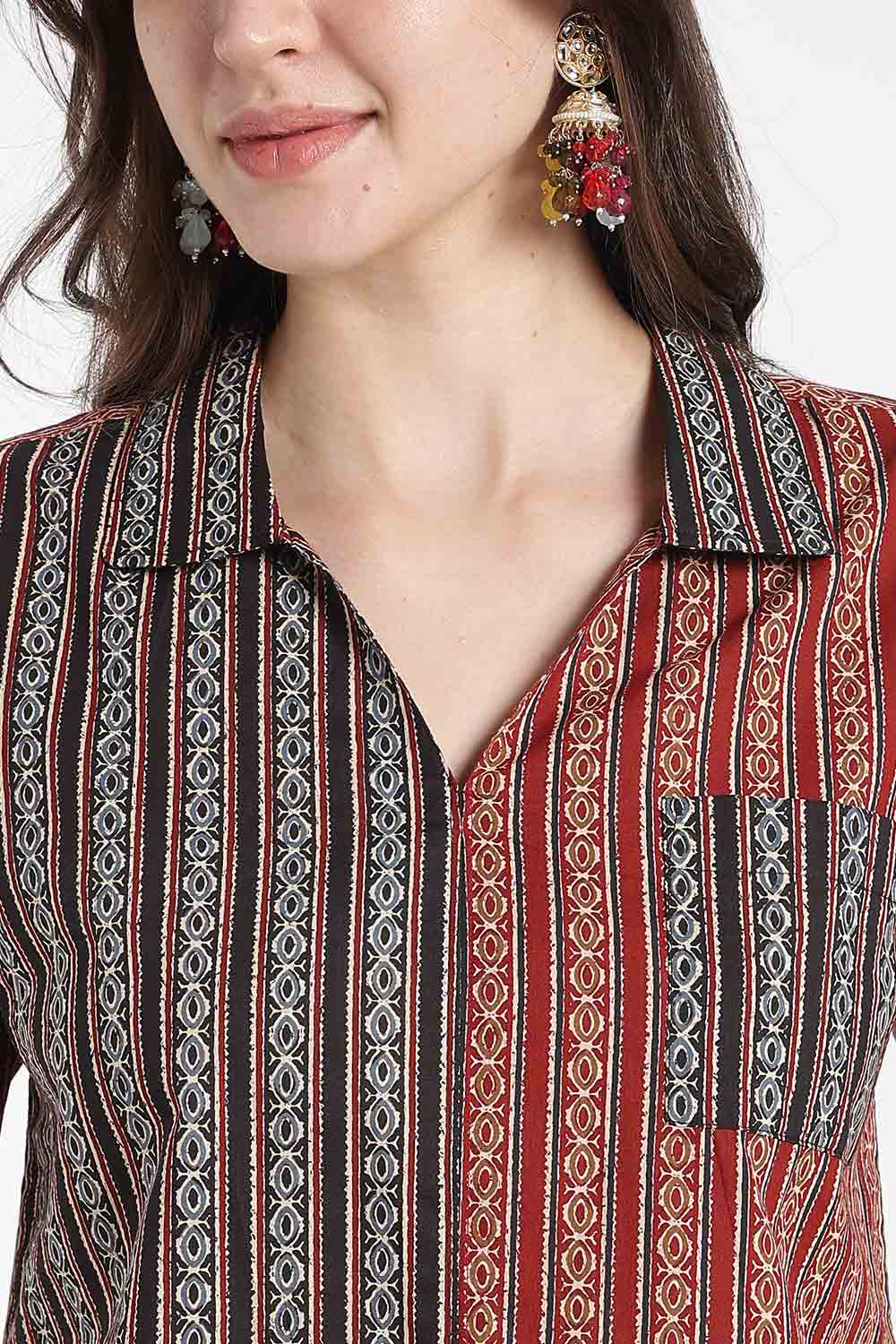 Mythri Women’s Cotton Cropped Shirt – Boxy Fit Printed Casual Crop Shirt with Drop Shoulder & V-Notch Collar | Summer Cotton Top for Women - TO34