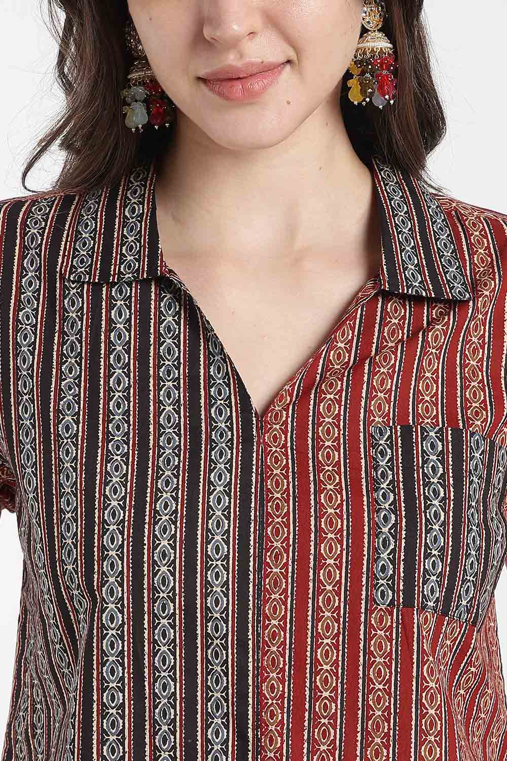 Mythri Women’s Cotton Cropped Shirt – Boxy Fit Printed Casual Crop Shirt with Drop Shoulder & V-Notch Collar | Summer Cotton Top for Women - TO34