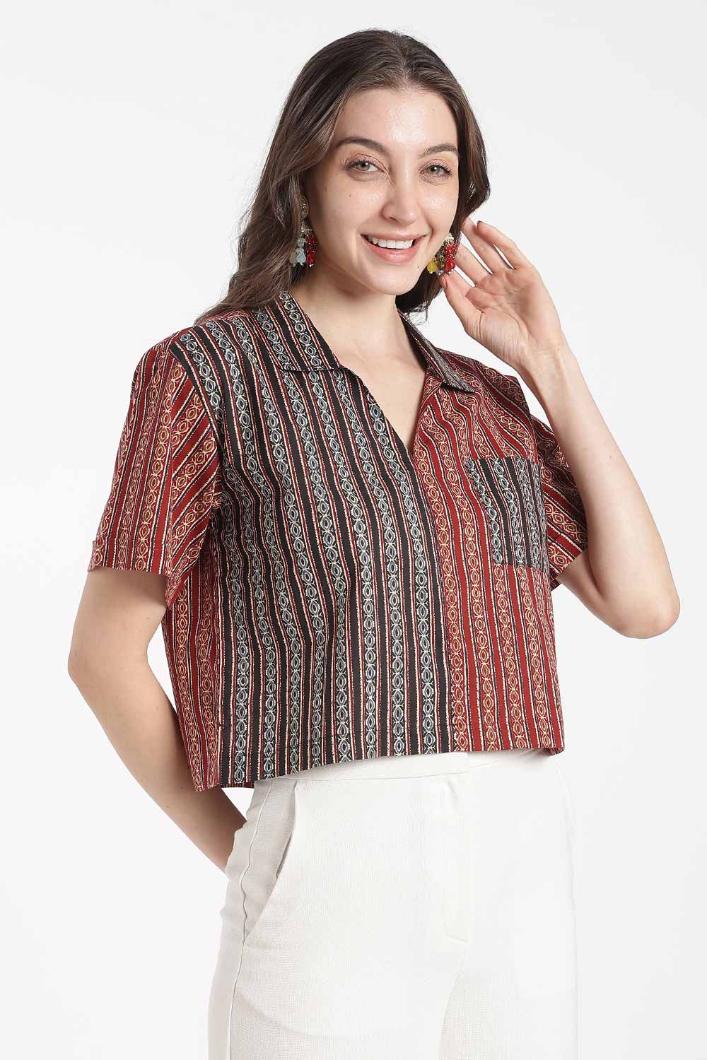 Mythri Women’s Cotton Cropped Shirt – Boxy Fit Printed Casual Crop Shirt with Drop Shoulder & V-Notch Collar | Summer Cotton Top for Women - TO34
