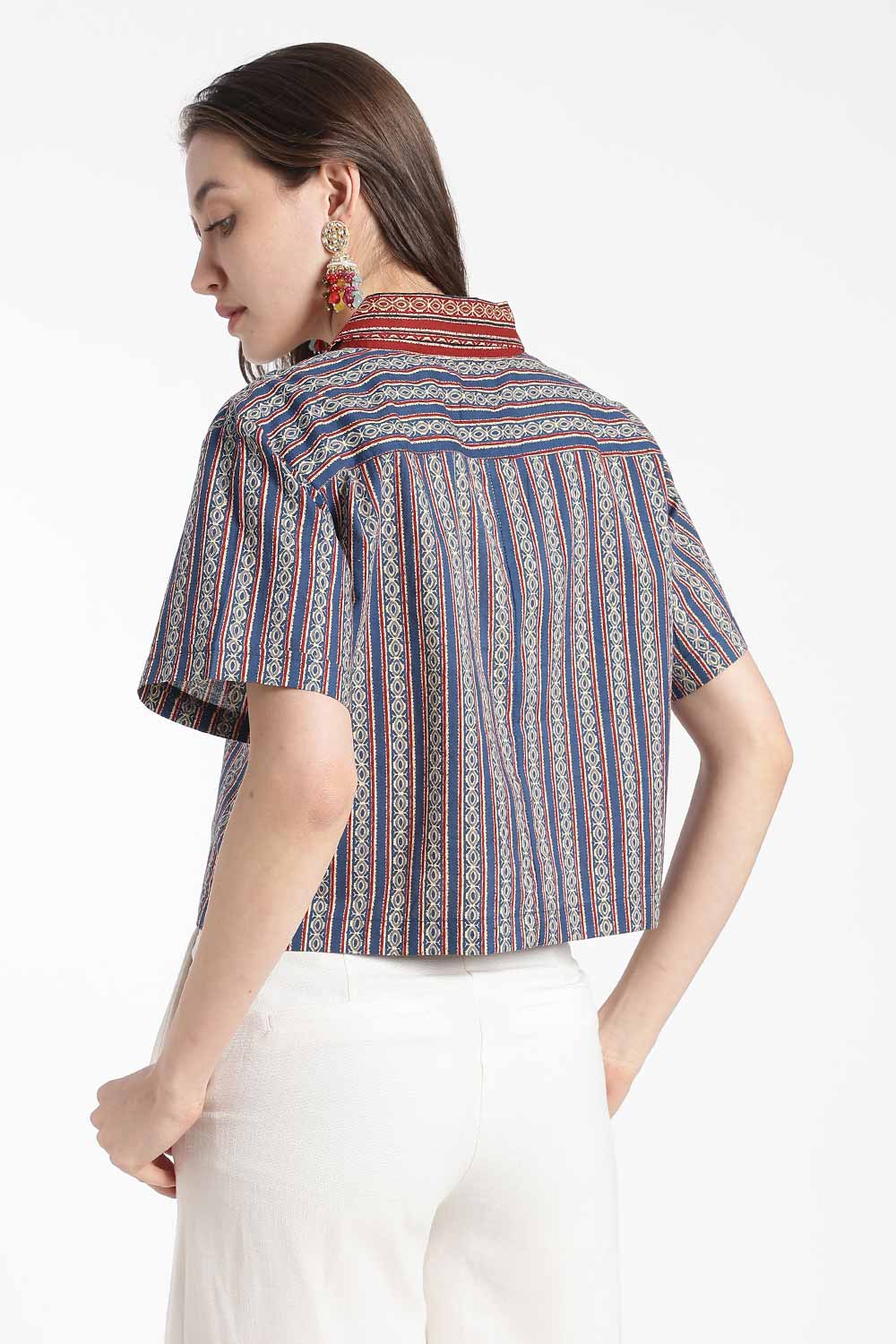 Mythri Women’s Cotton Cropped Shirt – Boxy Fit Printed Casual Crop Shirt with Drop Shoulder & V-Notch Collar | Summer Cotton Top for Women - TO34