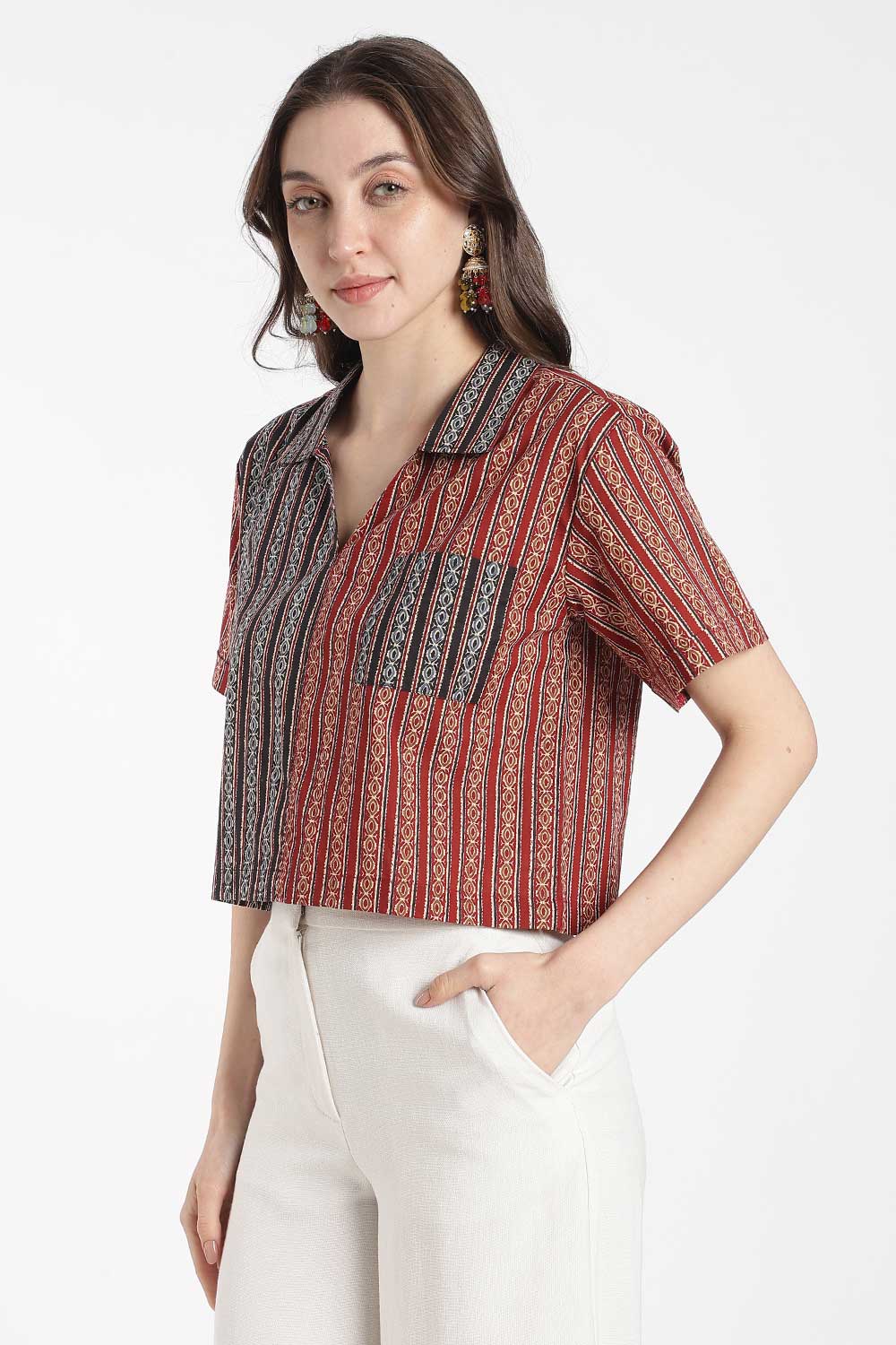 Mythri Women’s Cotton Cropped Shirt – Boxy Fit Printed Casual Crop Shirt with Drop Shoulder & V-Notch Collar | Summer Cotton Top for Women - TO34