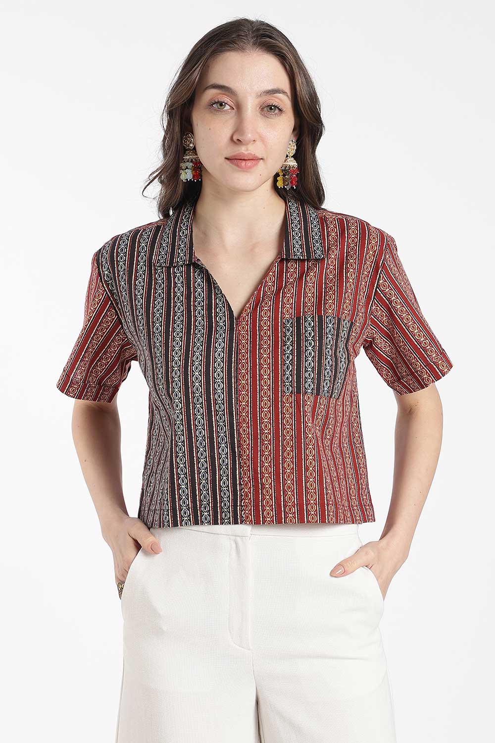 Mythri Women’s Cotton Cropped Shirt – Boxy Fit Printed Casual Crop Shirt with Drop Shoulder & V-Notch Collar | Summer Cotton Top for Women - TO34
