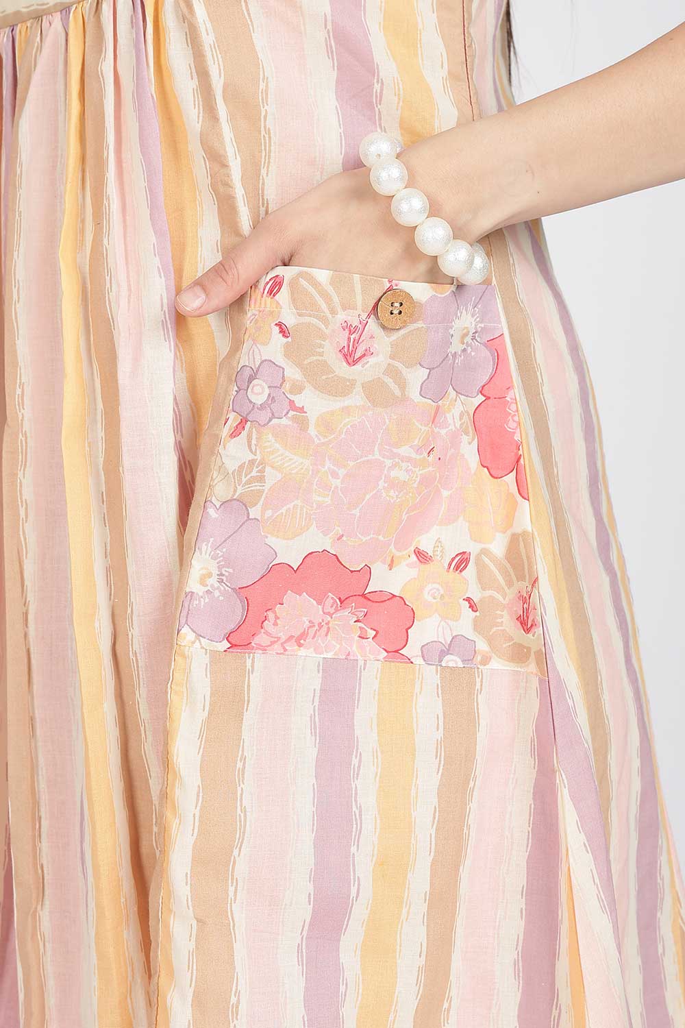 Mythri Women’s Cotton Sleeveless Casual Dress | Striped Panelled Cut & Sew A-Line Summer Dress for Daily Wear - DR12