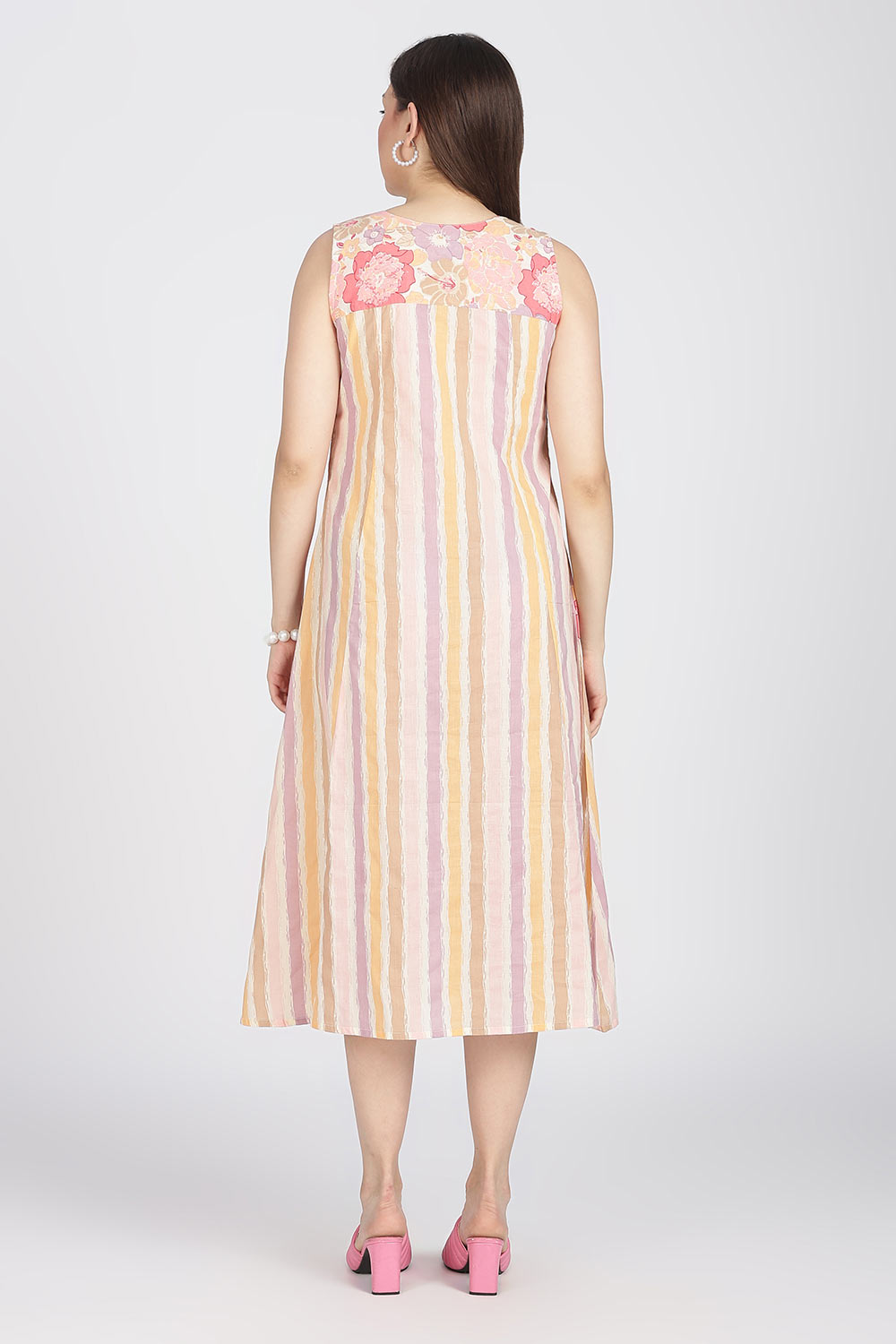 Mythri Women’s Cotton Sleeveless Casual Dress | Striped Panelled Cut & Sew A-Line Summer Dress for Daily Wear - DR12