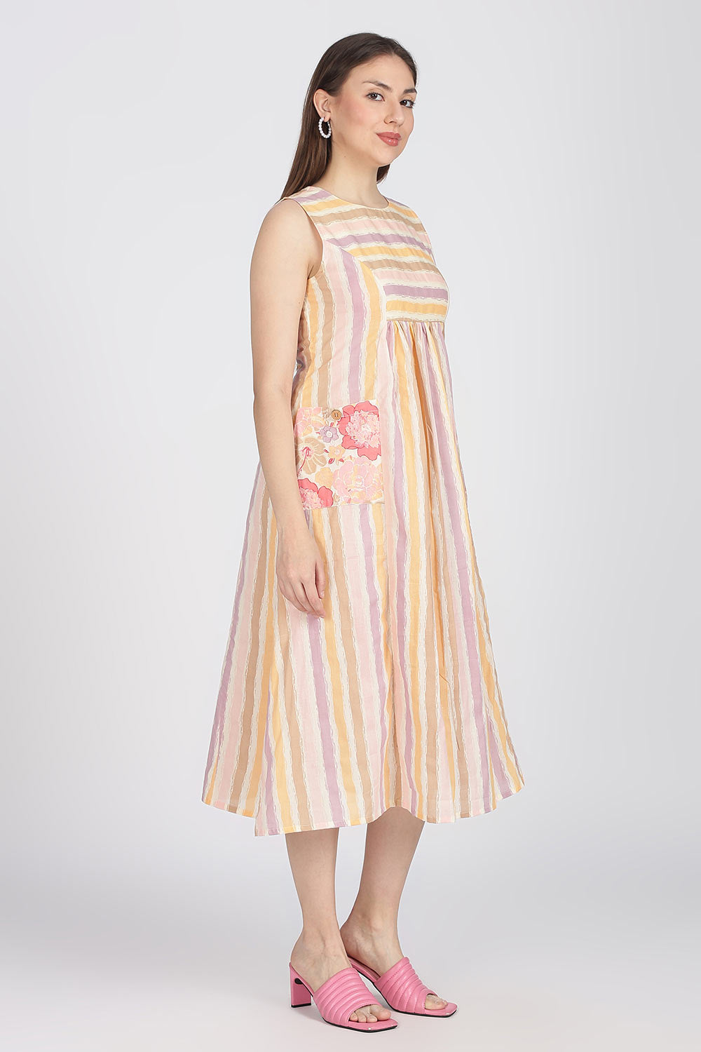 Mythri Women’s Cotton Sleeveless Casual Dress | Striped Panelled Cut & Sew A-Line Summer Dress for Daily Wear - DR12