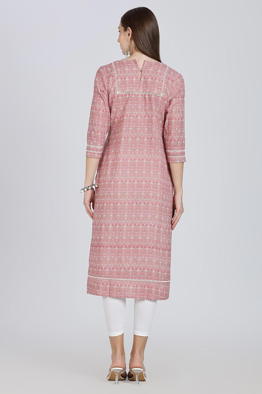 Mythri Women’s Cotton Straight Kurti | Geometric Floral Print V-Neck Kurta with Ladder Lace for Everyday Wear - Pink - K116