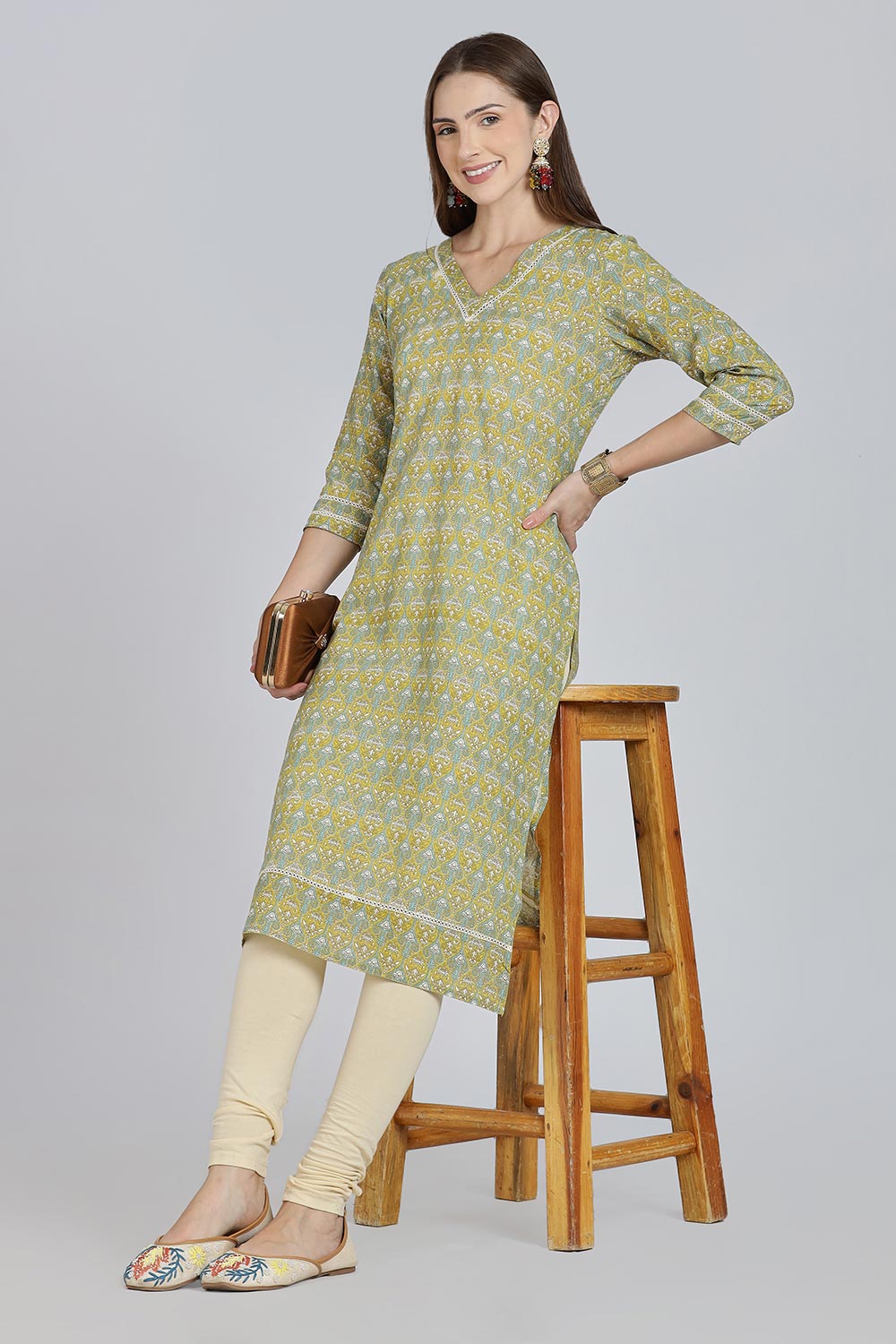 Mythri Women’s Cotton Straight Kurti | Geometric Floral Print V-Neck Kurta with Ladder Lace for Everyday Wear - Teal Green - K116