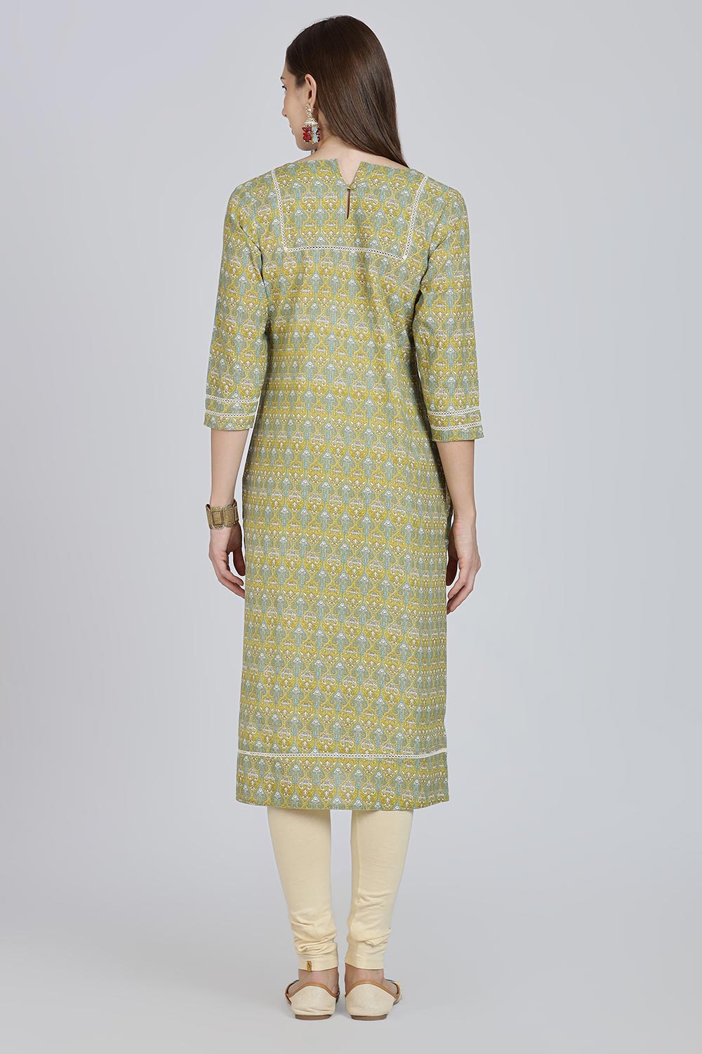 Mythri Women’s Cotton Straight Kurti | Geometric Floral Print V-Neck Kurta with Ladder Lace for Everyday Wear - Teal Green - K116