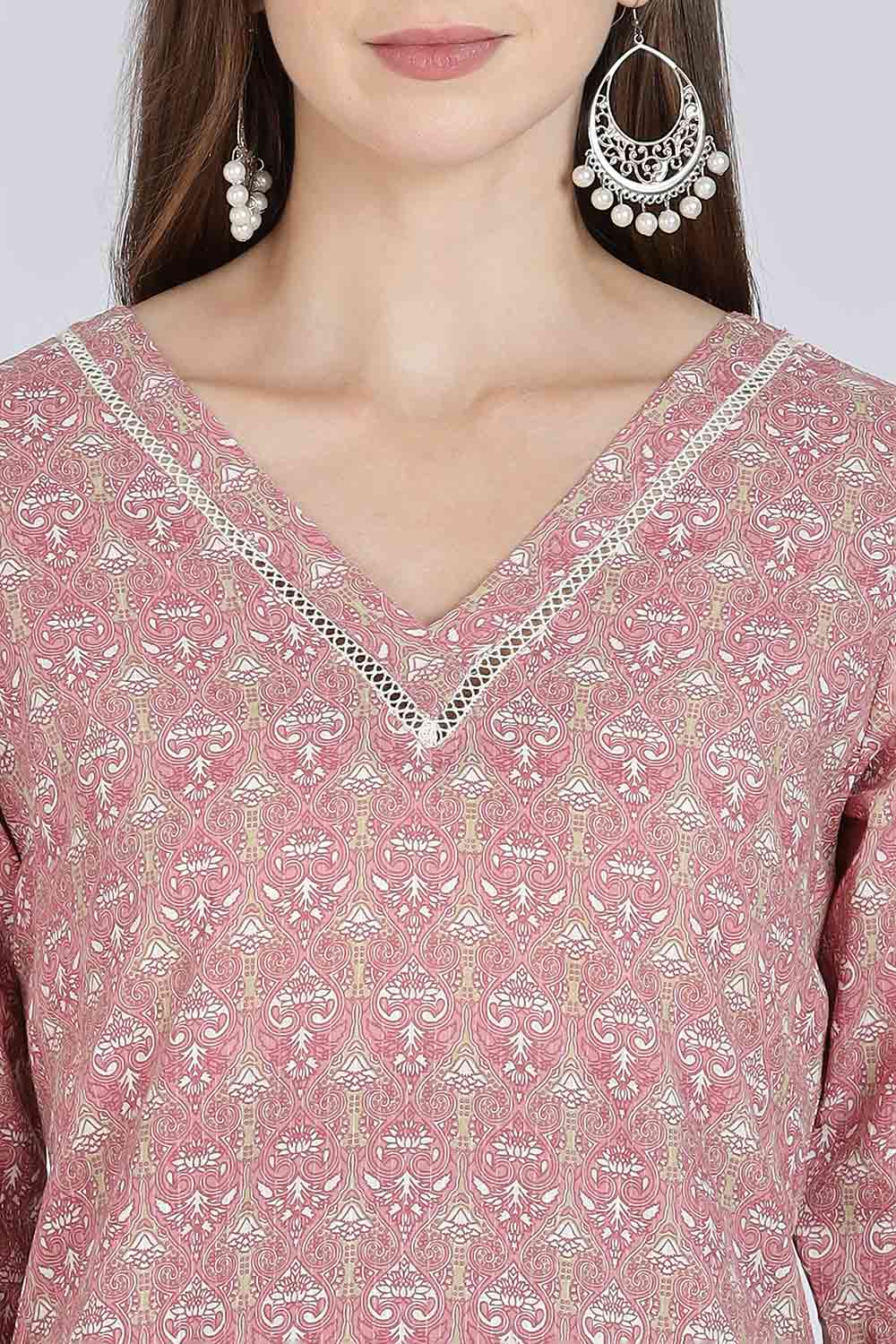 Mythri Women’s Cotton Straight Kurti | Geometric Floral Print V-Neck Kurta with Ladder Lace for Everyday Wear - Pink - K116