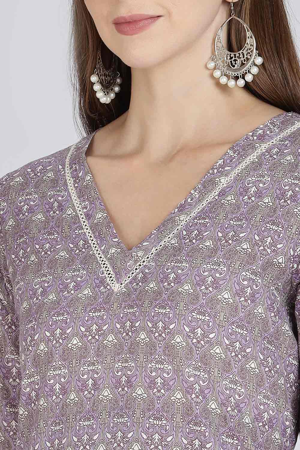 Mythri Women’s Cotton Straight Kurti | Geometric Floral Print V-Neck Kurta with Ladder Lace for Everyday Wear - Purple - K116