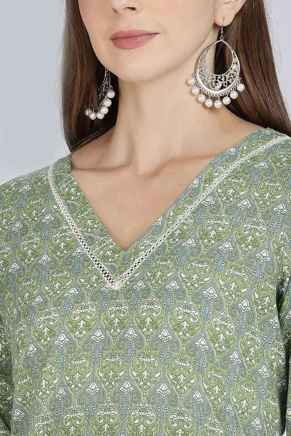 Mythri Women’s Cotton Straight Kurti | Geometric Floral Print V-Neck Kurta with Ladder Lace for Everyday Wear - Green - K116