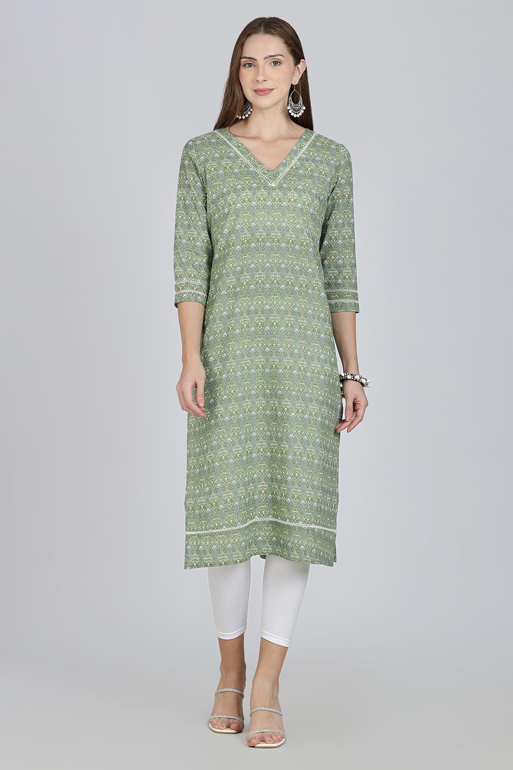 Mythri Women’s Cotton Straight Kurti | Geometric Floral Print V-Neck Kurta with Ladder Lace for Everyday Wear - Green - K116