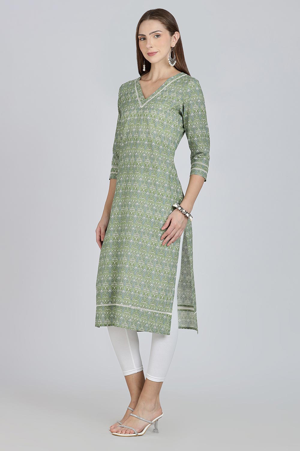 Mythri Women’s Cotton Straight Kurti | Geometric Floral Print V-Neck Kurta with Ladder Lace for Everyday Wear - Green - K116