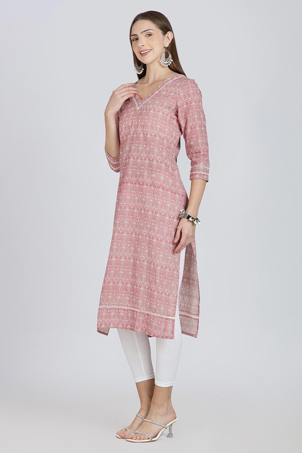 Mythri Women’s Cotton Straight Kurti | Geometric Floral Print V-Neck Kurta with Ladder Lace for Everyday Wear - Pink - K116