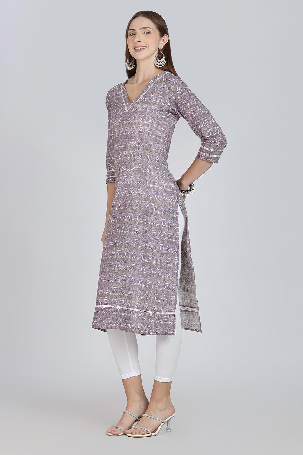 Mythri Women’s Cotton Straight Kurti | Geometric Floral Print V-Neck Kurta with Ladder Lace for Everyday Wear - Purple - K116