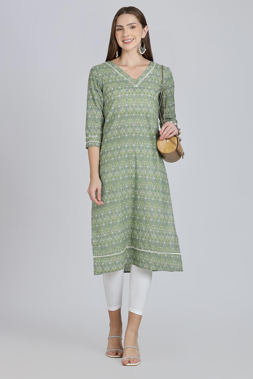 Mythri Women’s Cotton Straight Kurti | Geometric Floral Print V-Neck Kurta with Ladder Lace for Everyday Wear - Green - K116