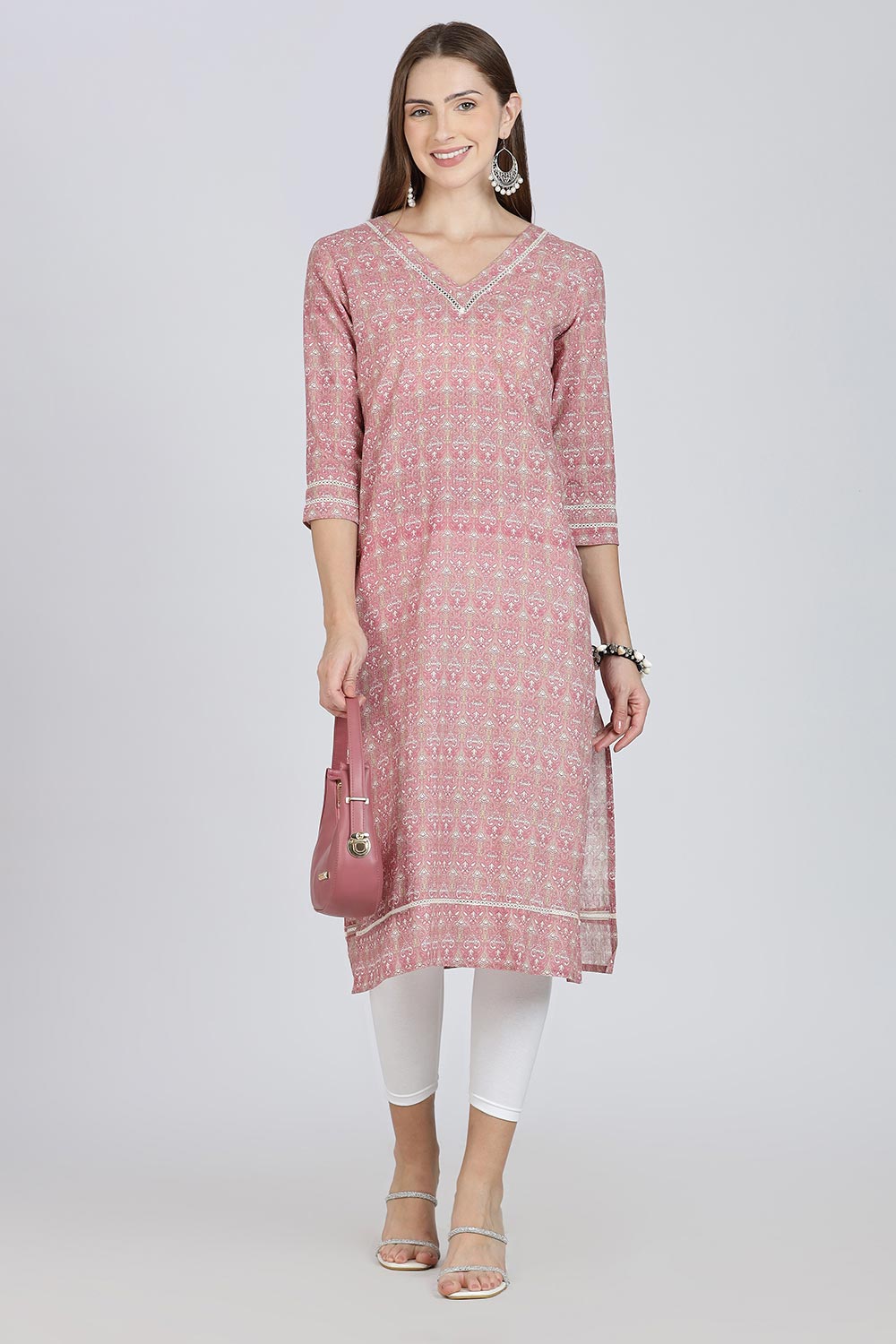 Mythri Women’s Cotton Straight Kurti | Geometric Floral Print V-Neck Kurta with Ladder Lace for Everyday Wear - Pink - K116