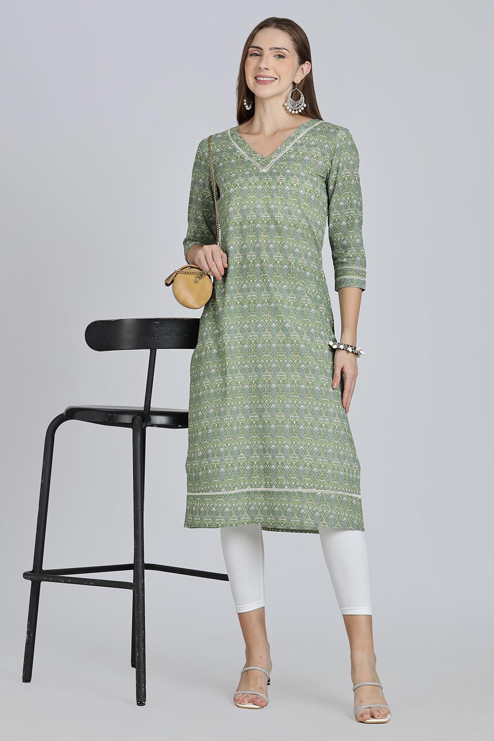 Mythri Women’s Cotton Straight Kurti | Geometric Floral Print V-Neck Kurta with Ladder Lace for Everyday Wear - Green - K116